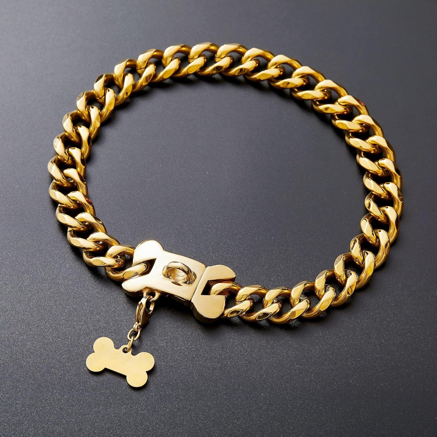 Gold Stainless Steel Cuban Link Heavy Duty Dog Collar for Small Medium Large Dogs, American Bully French Bulldog Dog Necklace Collar with Safety