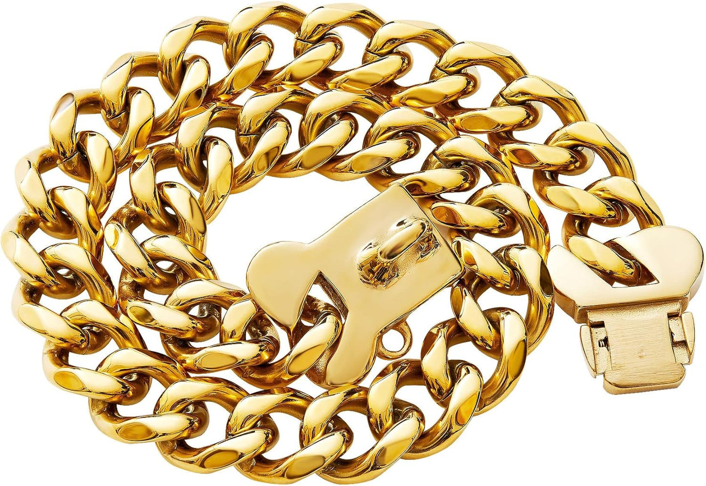 Gold Stainless Steel Cuban Link Heavy Duty Dog Collar for Small Medium Large Dogs, American Bully French Bulldog Dog Necklace Collar with Safety