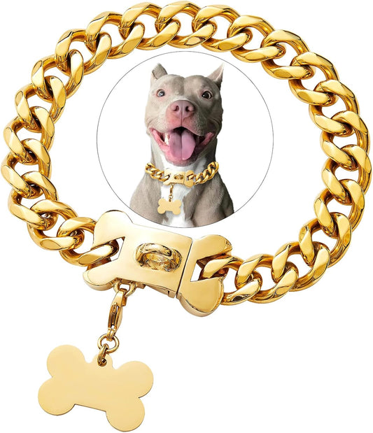 Gold Stainless Steel Cuban Link Heavy Duty Dog Collar for Small Medium Large Dogs, American Bully French Bulldog Dog Necklace Collar with Safety