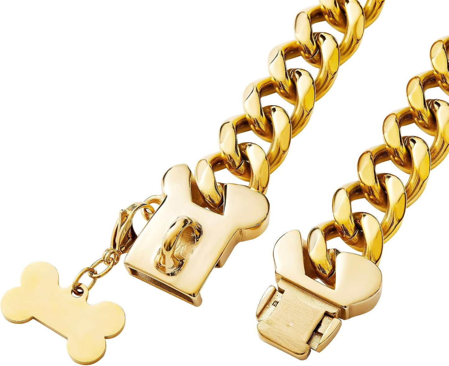 Gold Stainless Steel Cuban Link Heavy Duty Dog Collar for Small Medium Large Dogs, American Bully French Bulldog Dog Necklace Collar with Safety