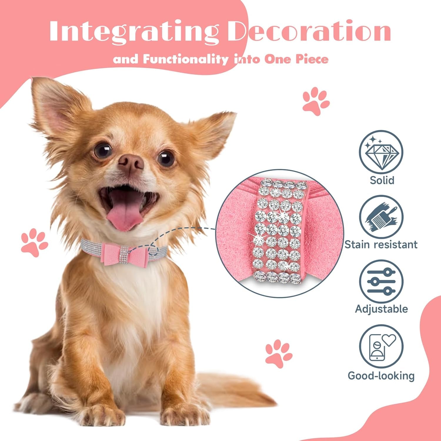Crystal Dog Collar with Bow Tie,Soft Puppy Bling Collar for Extra Small,Small,Medium Dogs(Pink LB,M)