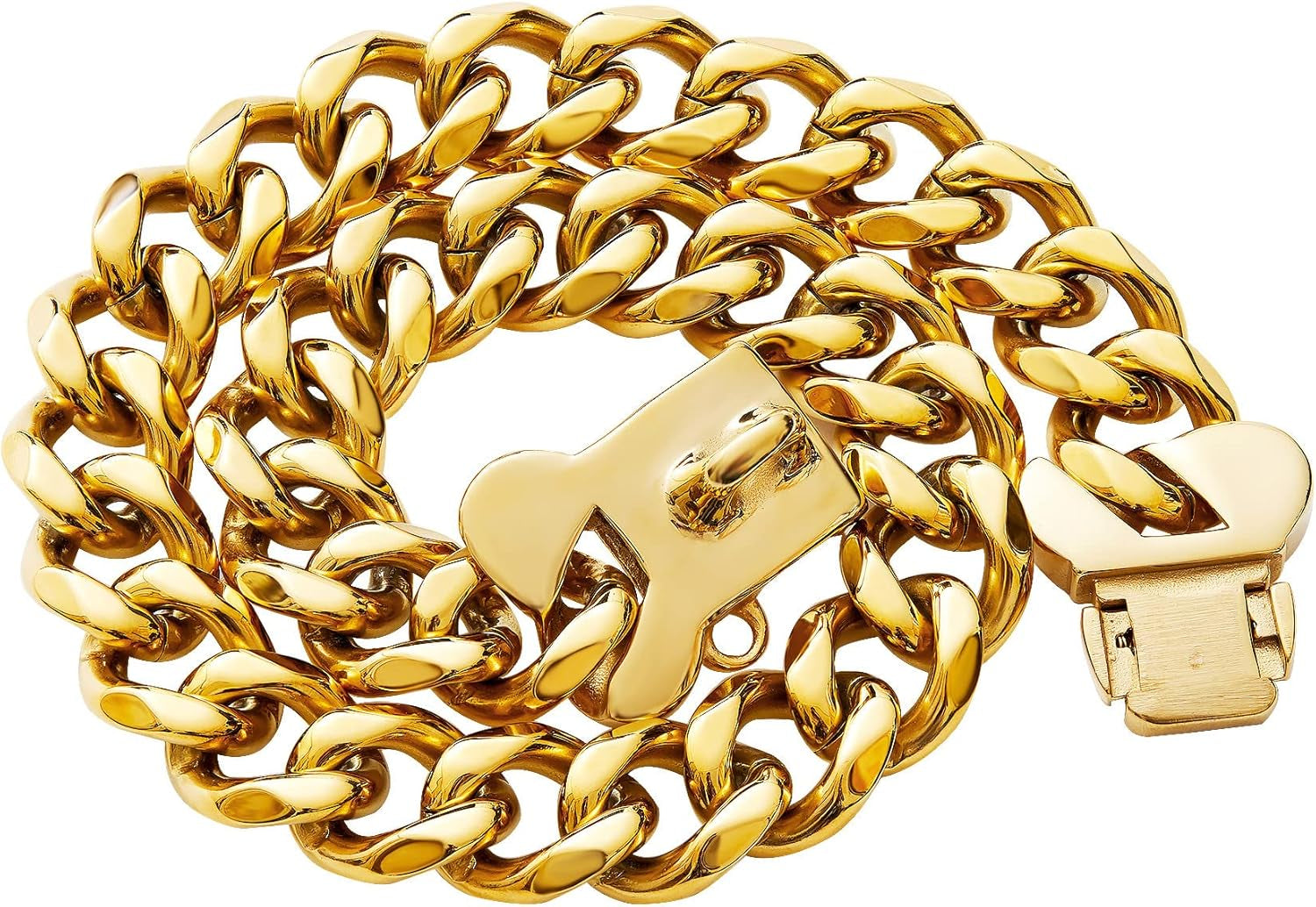 Gold Stainless Steel Cuban Link Heavy Duty Dog Collar for Small Medium Large Dogs, American Bully French Bulldog Dog Necklace Collar with Safety