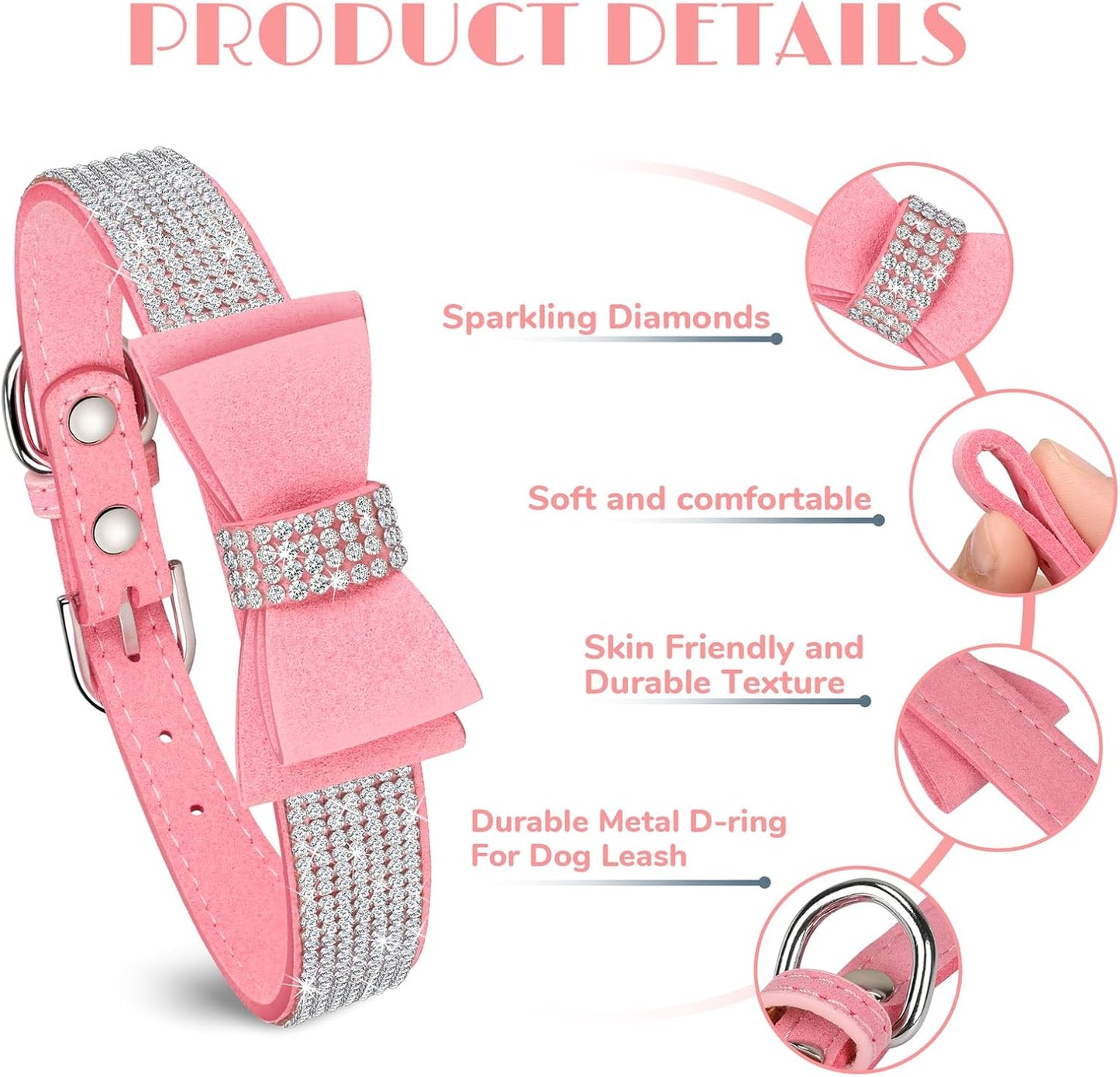 Crystal Dog Collar with Bow Tie,Soft Puppy Bling Collar for Extra Small,Small,Medium Dogs(Pink LB,M)