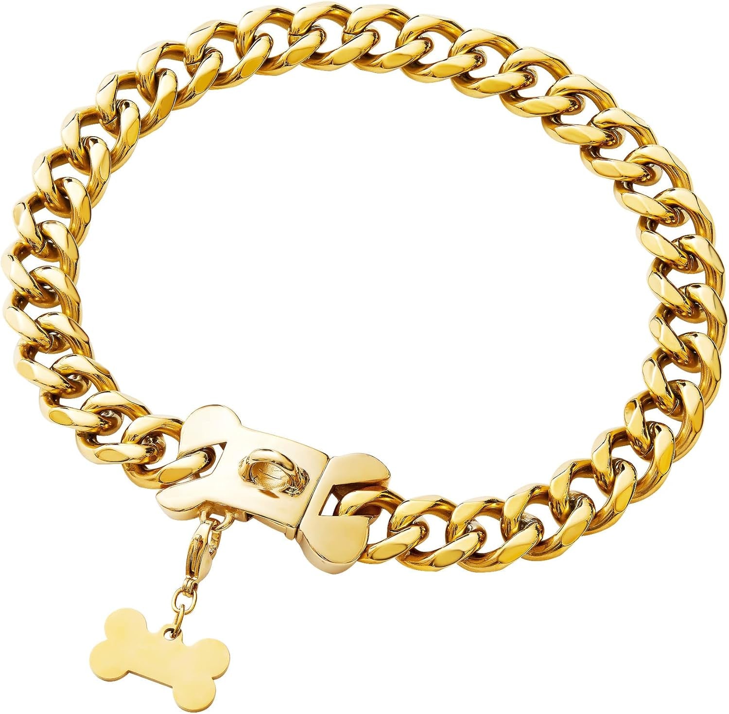 Gold Stainless Steel Cuban Link Heavy Duty Dog Collar for Small Medium Large Dogs, American Bully French Bulldog Dog Necklace Collar with Safety