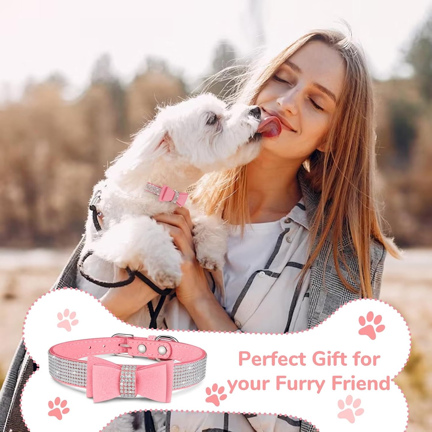 Crystal Dog Collar with Bow Tie,Soft Puppy Bling Collar for Extra Small,Small,Medium Dogs(Pink LB,M)