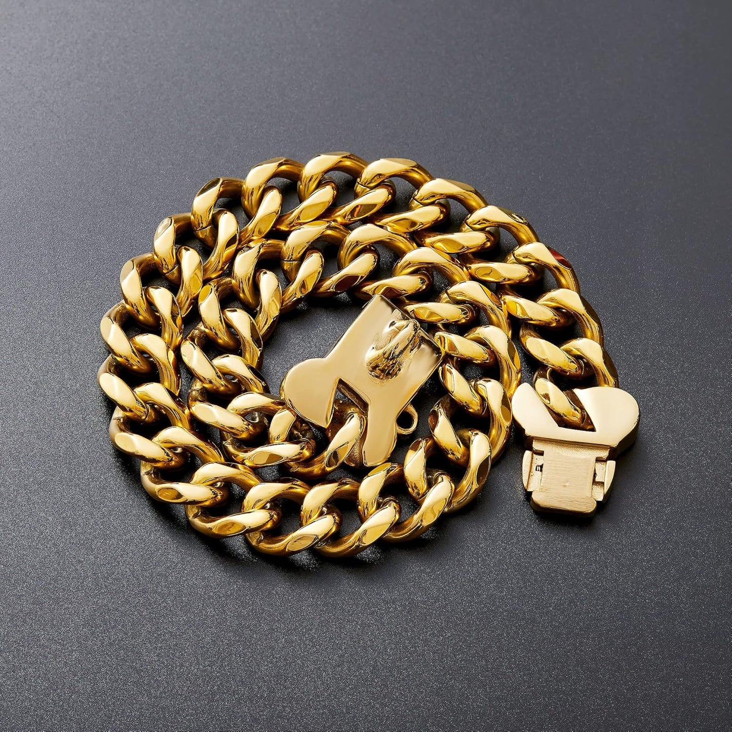 Gold Stainless Steel Cuban Link Heavy Duty Dog Collar for Small Medium Large Dogs, American Bully French Bulldog Dog Necklace Collar with Safety